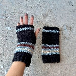 Handmade Black Fingerless Gloves with Blue, Maroon, and Ivory Stripes